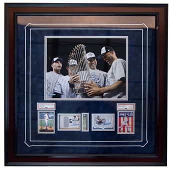 New York Yankees Core Four Single Signed Trading Cards With 2009 World Series Photo In 27.5 x 27.5 Framed Display (PSA/DNA & Beckett)